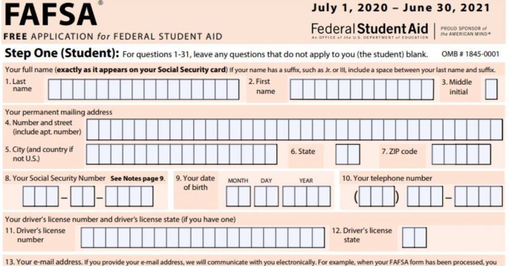 fafsa application form image for student loan