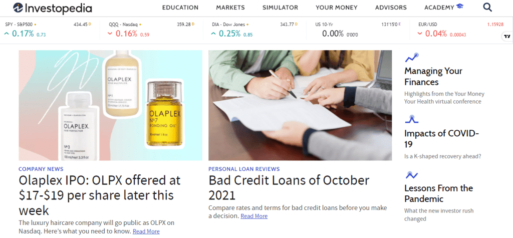 Screenshot of personal finance blog Investopedia