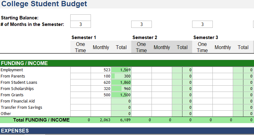 template for college income and spending tracking