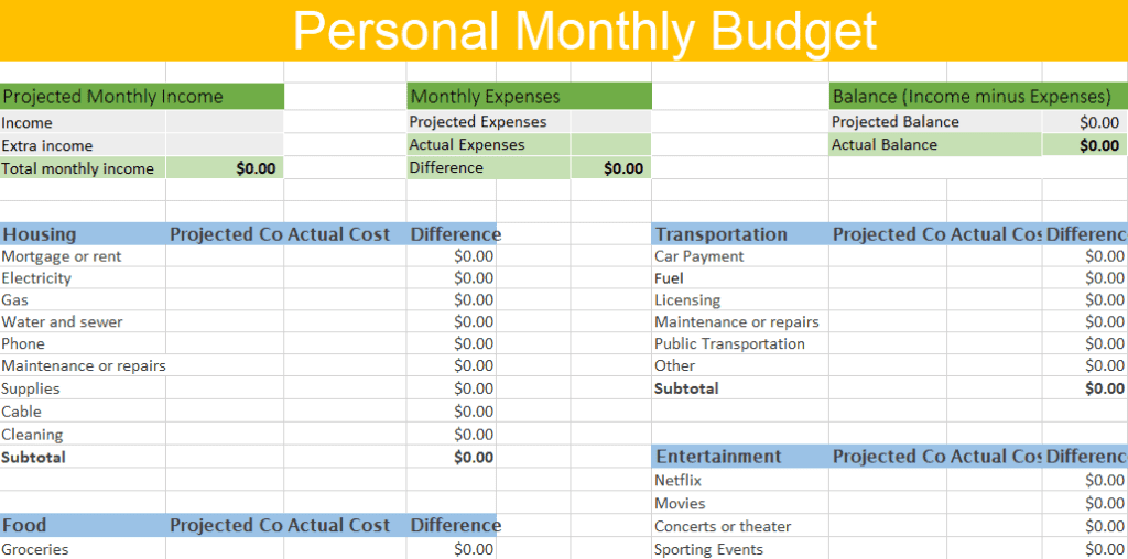 101Planner Monthly Budget template