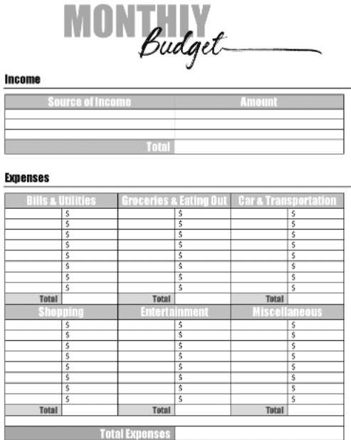101Planner simple monthly budget template