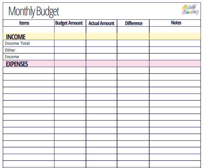 Addi Ganley's monthly budget template
