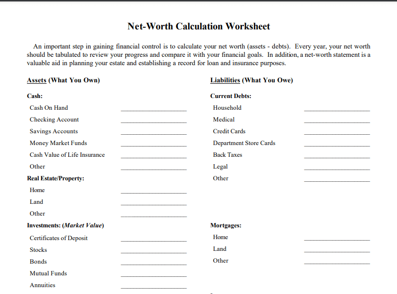 net worth tracker for placing in a budget binder